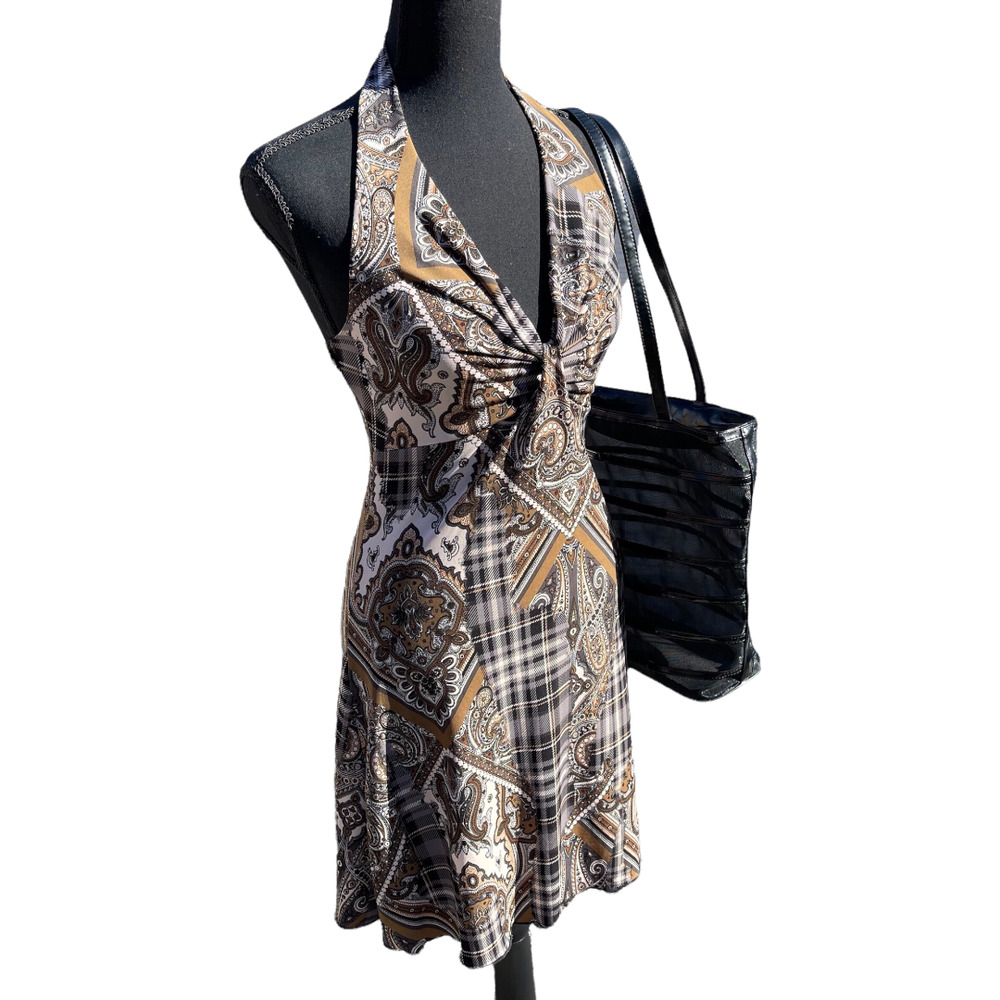 Y2K Bodycon Halter Top Mini Dress with Geometric Tapestry Mixed Print Pattern
